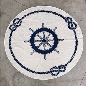 Nautical Round Table Cloth with Ship Wheel & Rope Design - Navy on White 53.5”